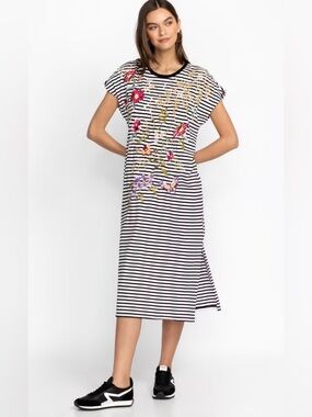 Johnny Was Osaka Relaxed Knit Dress Floral Embroidery Stripe Size XS Summer Boho